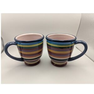Pair of Ceramic Striped Mugs Colorful Footed Pink Interior Tabletop Unlimited